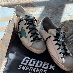 Golden Goose Cream Sneakers with Teal Star